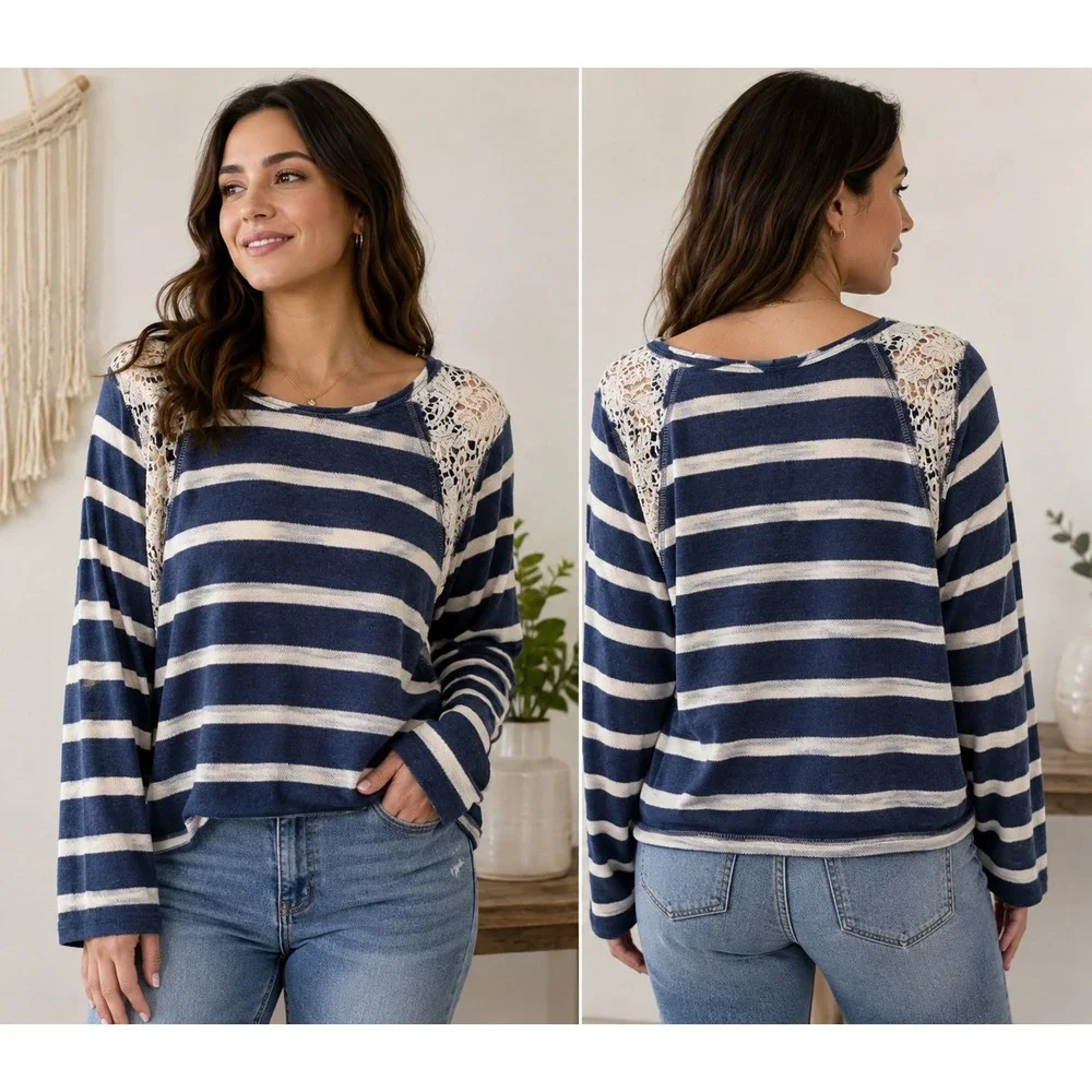 Blu Pepper Blue White Striped Lace Crochet Shoulder Long Sleeve Top Large